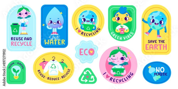 Fototapeta Eco sticker set. Retro cartoon ecology patch collection. Cute vector sticker bundle about environmental care.