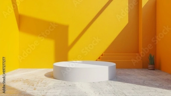 Fototapeta An abstract circle platform in a yellow cylinder room studio with yellow background. 3D round podium platform studio stage. Pedestal presentation product abstract circle platform sale cosmetic