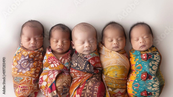 Fototapeta Five swaddled newborn babies of diverse ethnicities lying side by side on a white background.
