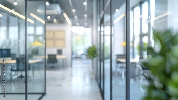 Fototapeta Blurred background of a light empty open space modern office interior with panoramic windows