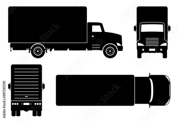 Obraz Truck silhouette on white background. Vehicle icons set view from the side, front and back.