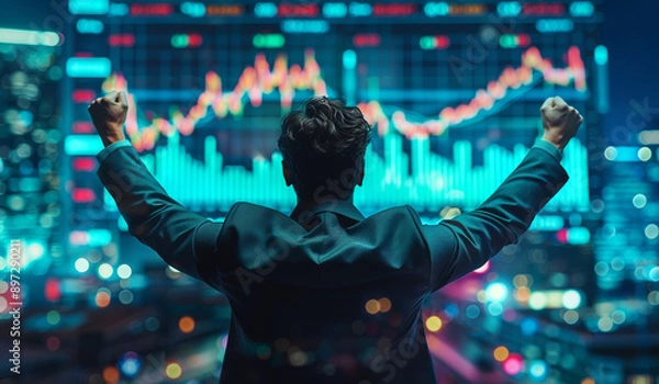 Fototapeta Man celebrates success with arms raised in front of stock chart. Generative AI