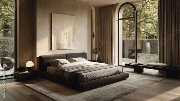 Fototapeta A minimalist bedroom featuring a sleek black platform bed with simple, clean decor and neutral tones for a modern, stylish look.