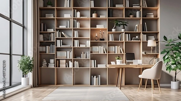 Obraz Minimalist bookshelf with open shelves and clean lines in a modern home office 