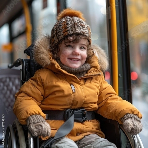 Fototapeta Joyful child in wheelchair boarding bus with lift: Celebrating accessibility and inclusion