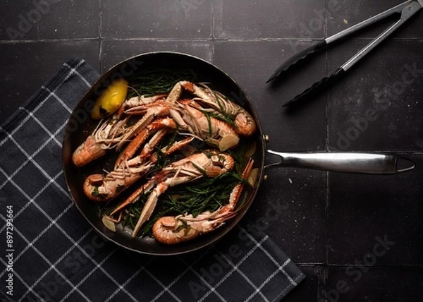 Fototapeta Langoustines in a pan