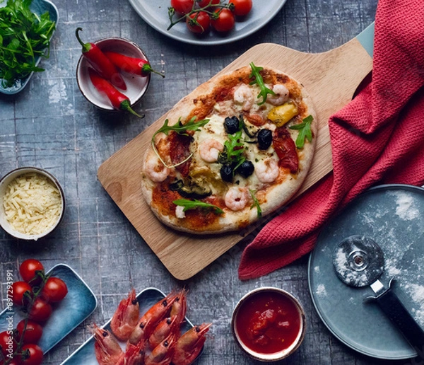 Fototapeta pizza with prawns and sun-dried tomatoes