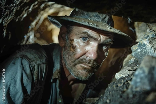 Fototapeta Man in a Hat Looking Out of a Tunnel.