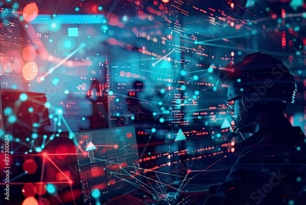 Fototapeta Hacker working on computer with colorful lights and code.