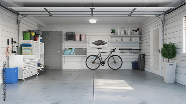 Fototapeta Harmoniously arranged garage with sorted items and labeled racks