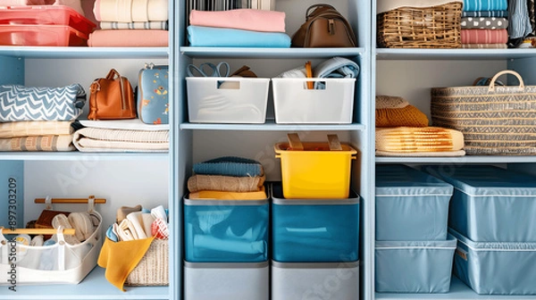 Fototapeta Home storage closet with labeled boxes and color-coordinated bins
