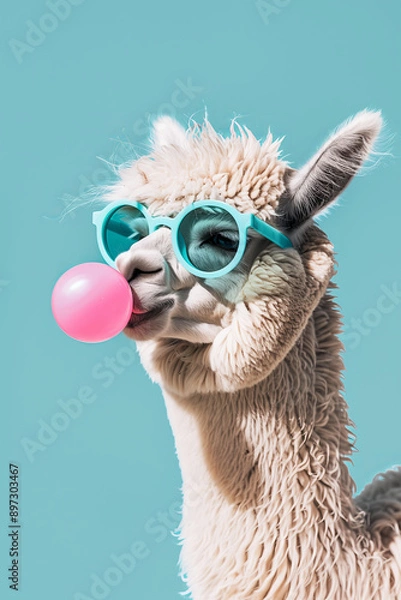 Obraz portrait of an alpaca blowing pink bubble gum, wearing pastel blue glasses, solid pastel blue background, wallpaper, poster for trendy stylish print