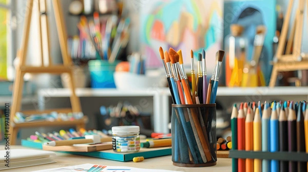 Fototapeta Well-organized art desk with sorted markers and stacked canvases