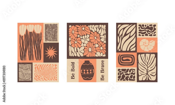Fototapeta BloomBlocks, a set of abstract botanical wall art posters. Modern floral aesthetic vector illustrations in natural earthy colors.