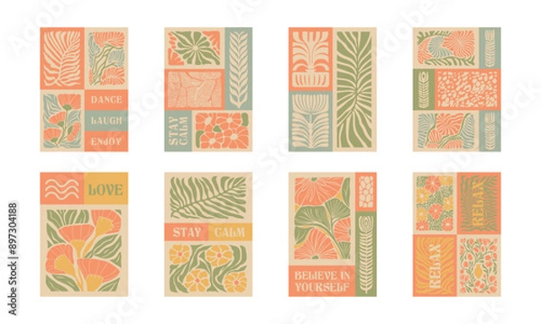 Fototapeta BloomBlocks, a set of abstract botanical wall art posters. Modern floral aesthetic vector illustrations in natural earthy colors.