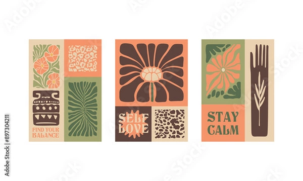 Fototapeta BloomBlocks, a set of abstract botanical wall art posters. Modern floral aesthetic vector illustrations in natural earthy colors.