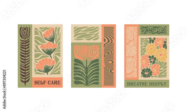 Fototapeta BloomBlocks, a set of abstract botanical wall art posters. Modern floral aesthetic vector illustrations in natural earthy colors.