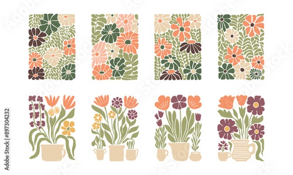 Fototapeta BloomBlocks, a set of abstract botanical wall art posters. Modern floral aesthetic vector illustrations in natural earthy colors.