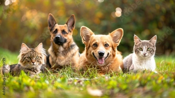 Fototapeta Various breeds of dogs and cats with their specific diet needs highlighted