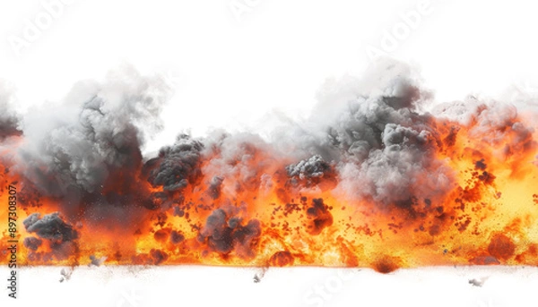 Obraz A digital depiction of an explosion with thick black smoke rising above a bed of orange flames against a white background