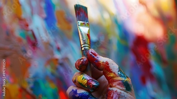 Fototapeta Hand Holding a Paintbrush: A hand holding a paintbrush dipped in colorful paint, ready to create art.
