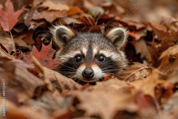 Fototapeta A charming image of a raccoon’s adorable face peeking through the bed of autumn leaves, capturing the essence of the animal's innocent gaze and the beauty of the fall season in nature.