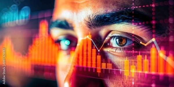 Obraz Analyzing Market Trends with Sharp Focus. A close-up of a focused individual's eye analyzing vibrant financial market charts and graphs, representing the dynamic world of stock market analysis.