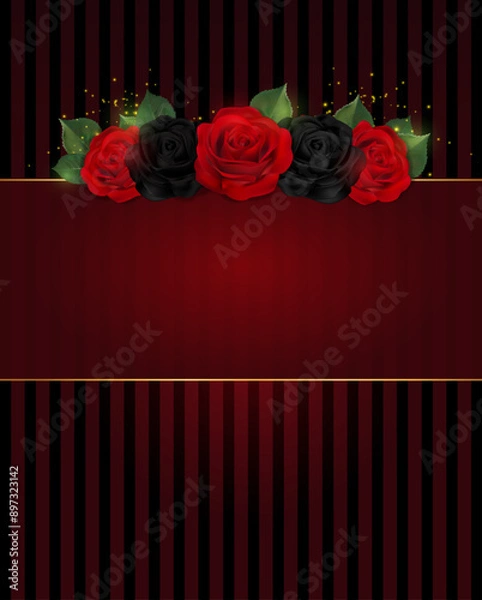 Fototapeta The design of holiday card with red and black roses. Beautiful and elegant text frame.