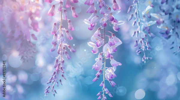 Fototapeta Beautiful blossoms of Fuji (Wisteria floribunda) vine in spring. The image is intentionally shot with a high key and shallow depth of field to create a dreamy and ethereal atmosphere.