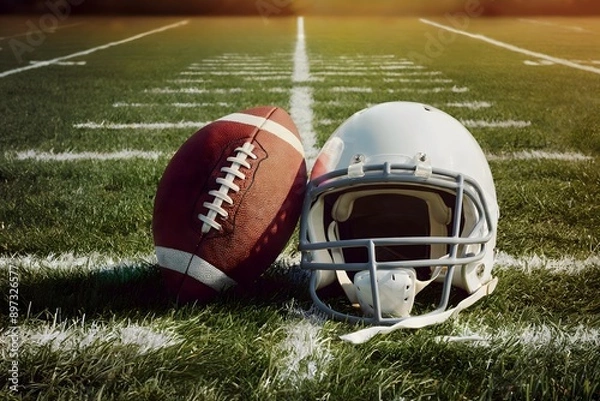 Fototapeta Striking Photo of a Brown American Football with White Laces and a Helmet on a Green Field