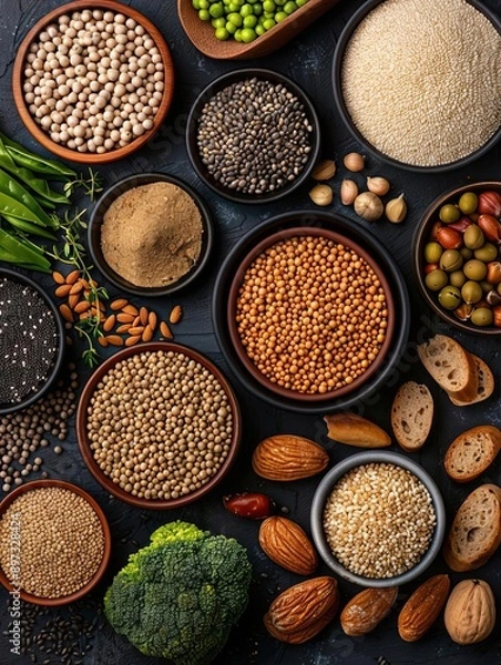 Fototapeta A vibrant assortment of nuts, seeds, and grains arranged in bowls, highlighting healthy and nutritious food options.