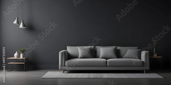 Fototapeta A mockup poster frame is on the wall of the living room. Luxurious apartment background with contemporary design. Modern interior design. 3D render