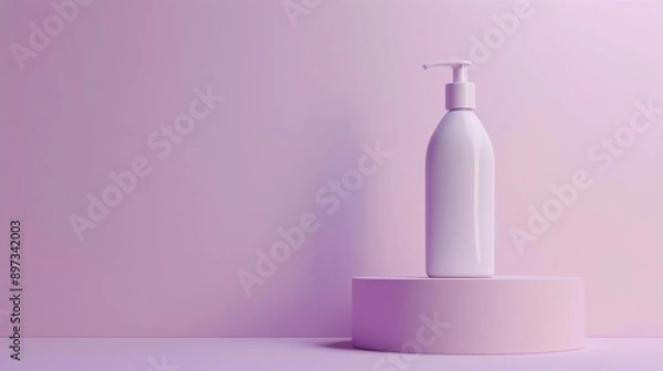 Fototapeta mauve pastel background, white lotion bottle on a platform, professional photo, flat lighting 