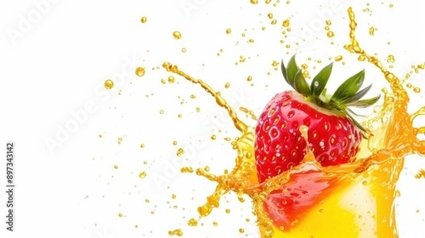 Fototapeta A strawberry slice splashing into a burst of sweet juice, banner, with copy space