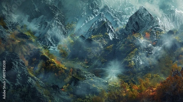 Fototapeta Volcanic Eruption in a Primordial Forest with Dinosaurs
