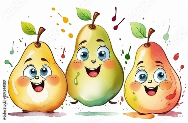 Obraz Cartoon pear character Icons for kids. Pear with eyes, noise and smile. Food flat illustration on white background.