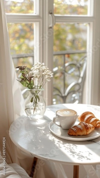 Fototapeta Fragrant crispy croissants on a marble board, a cup of latte and a bouquet of wild flowers