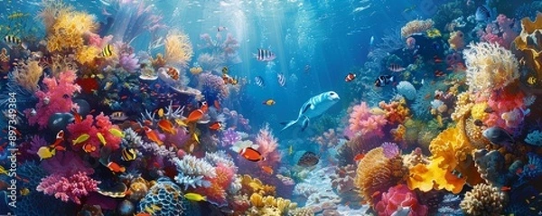 Fototapeta A vibrant coral reef teeming with colorful fish and playful seals, creating a lively underwater scene.