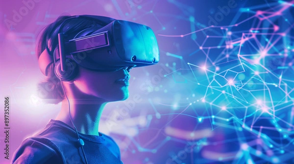 Fototapeta a person wearing a VR headset exploring the metaverse, with virtual worlds and avatars floating around. The backdrop is a blend of vibrant digital landscapes and interconnected vir