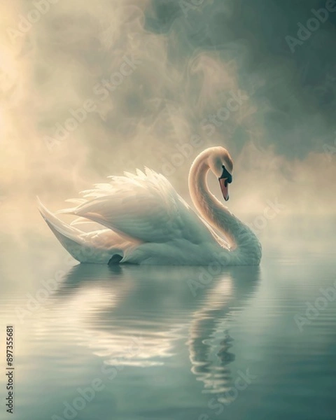 Fototapeta Graceful swan in a misty morning
