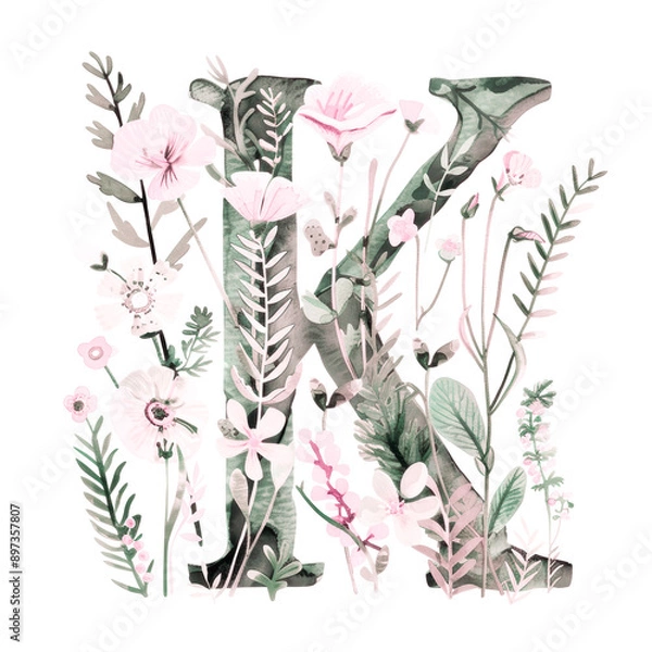 Fototapeta Watercolor Alphabet Letter K with Leaves and Flowers. Birthday, Vintage Wedding Poster Font.  Summer Ornament. Exotic Floral ABC Card. Initial Monogram K Painted in Watercolour Isolated on White.