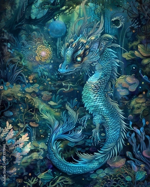 Fototapeta Iridescent turquoise fantasy creature, a whimsical and surreal depiction of a mythical being