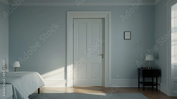 Fototapeta A doorway reveals a modern minimalist bedroom featuring wooden walls and a comfortable bed