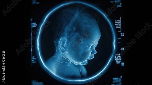 Fototapeta Detailed MRI scan showing the profile of a baby's head, highlighting brain development. Ideal for medical and healthcare-related content.
