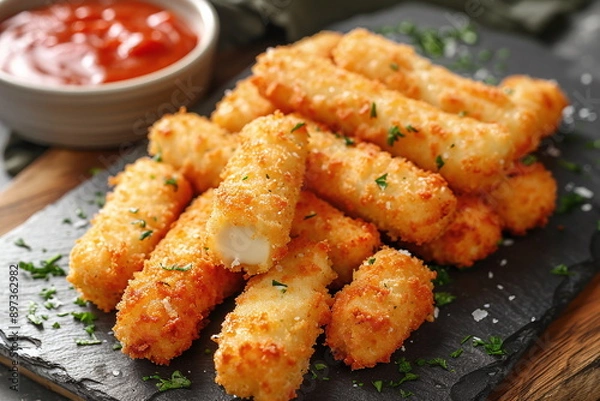 Fototapeta Fictional Mozzarella Cheese Sticks Crisp to Perfection Generated by AI