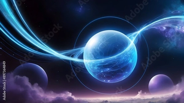 Fototapeta Celestial blue curves radiating signals through a gradient orb on a cosmic night sky
