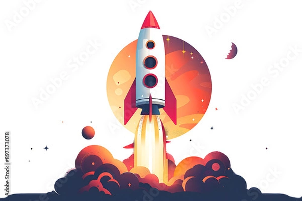 Fototapeta A colorful rocket launching towards a vibrant planet, symbolizing exploration and adventure in outer space.