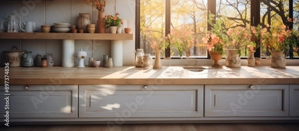 Fototapeta Interior of Kitchen, Sink, Cupboard and Old Wooden Floor in Elegant Luxury apartment