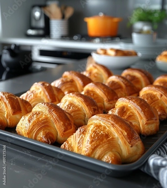 Fototapeta A fresh batch of golden, flaky croissants cooling on a tray in a modern kitchen, inviting a delightful breakfast experience.