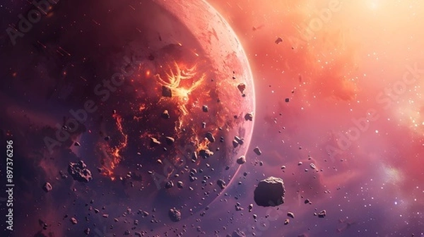 Fototapeta Dramatic Space Scene Featuring an Alien Planet and Floating Debris
